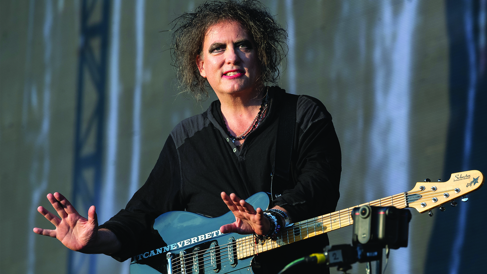 Vocalist and guitarist Robert Smith of English rock group The Cure performing live on stage during British Summer Time festival at Hyde Park in London on July 7, 2018.