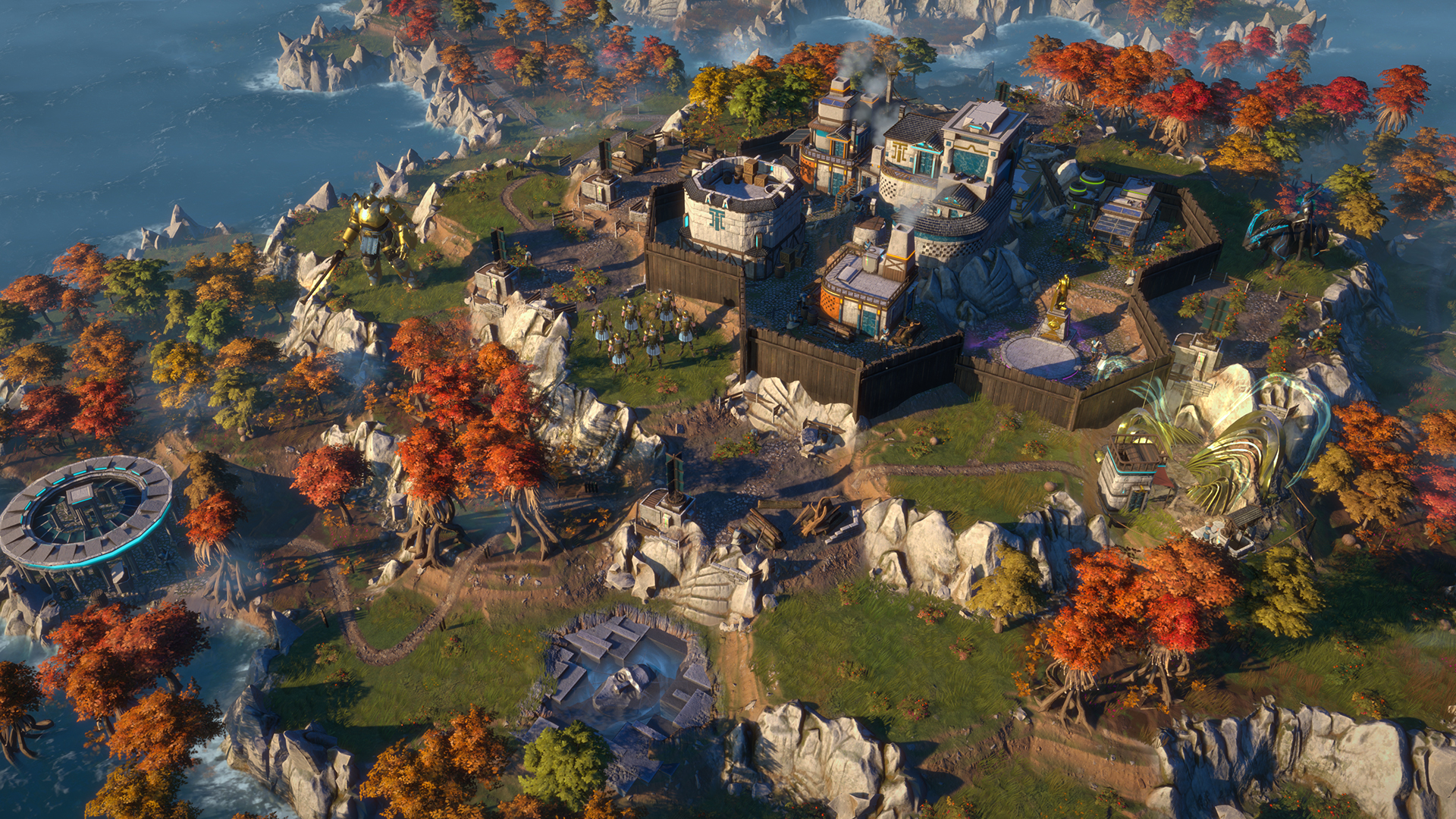 An isometric view of a futuristic settlement with Autumn trees and uneven terrain