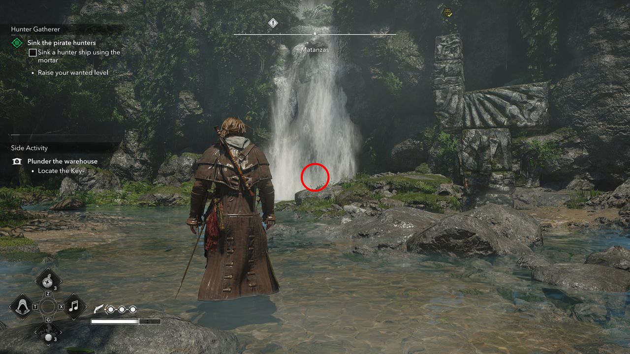 Black Flag treasure maps: Edward standing in a pool of water with a waterfall ahead of him.