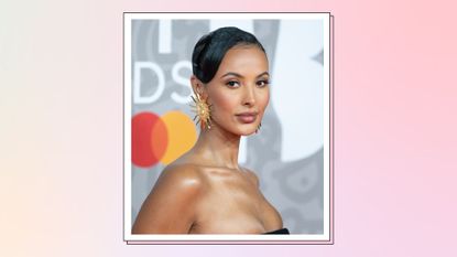 Maya Jama wears her hair up, with gold sun earrings as she attends The BRIT Awards 2023 at The O2 Arena on February 11, 2023 in London, England - used for a 'is Maya Jama single' piece/ in a pink and yellow gradient template