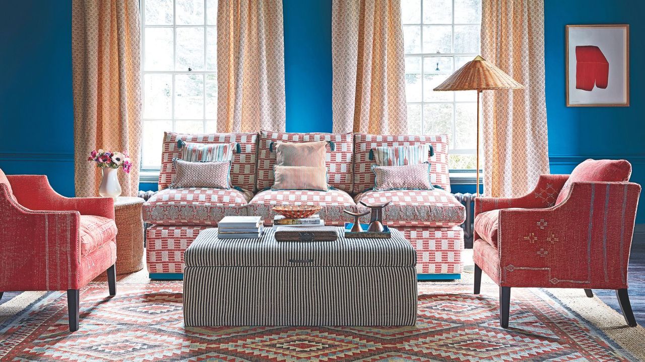 Bright red and blue sitting room