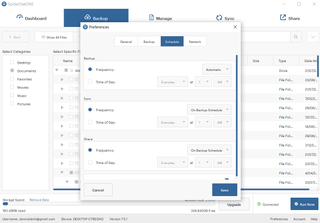 SpiderOak's user interface depicting its preferences menu and scheduling options