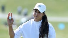 Julia Lopez Ramirez holds her golf ball up to the crowd during round three of the 2025 US Women's Open at Erin Hills