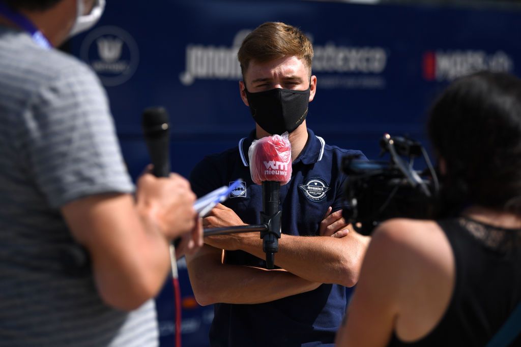 ESPINOSA DE LOS MONTEROS SPAIN JULY 30 Start Remco Evenepoel of Belgium and Team Deceuninck QuickStep Covid Safe measures The Wolfpack Mask Interview Press Media Sargentes de la Lora Village during the 42nd Vuelta a Burgos 2020 Stage 3 a 150km stage from Sargentes de la Lora to Espinosa de los Monteros Picn Blanco 1486m VueltaBurgos on July 30 2020 in Espinosa de Los Monteros Spain Photo by David RamosGetty Images