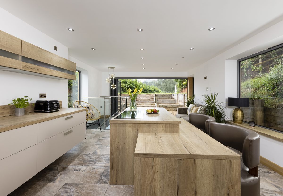 kitchen in self build with view towards garden