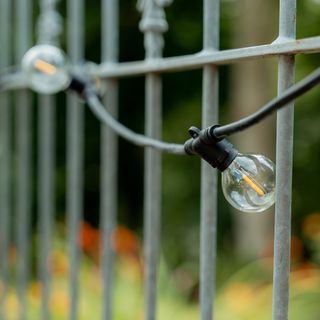 Garden lighting on metal fence in Anouska Lancaster's walled garden