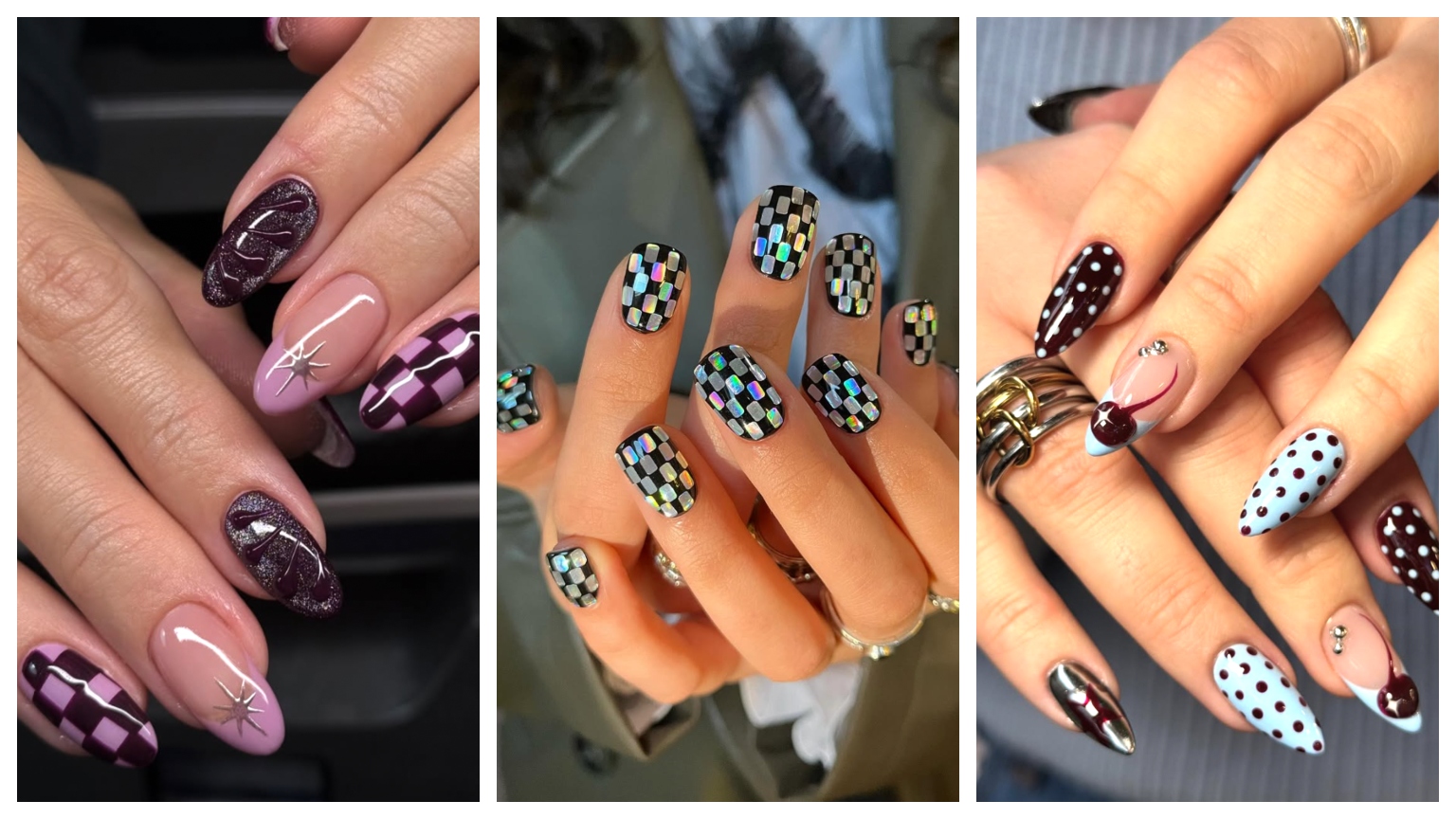 a three-part photo grid featuring hands and nails with checkered and dotted designs