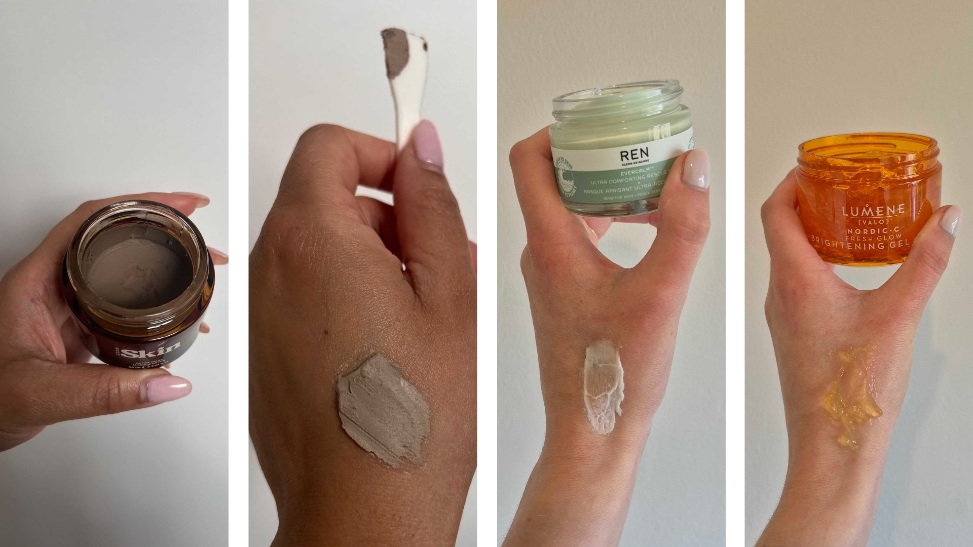 On the left, is a picture of Digital Beauty Ecomm Editor, Aleesha Badkar holding the Soho Skin mask, alongside a swatch of the formula on the back of her hand. In the middle and on the right, are two close-ups of Digital Beauty Writer, Naomi Jamieson holding up the REN mask, with a swatch on her hand and the Lumene gel mask.