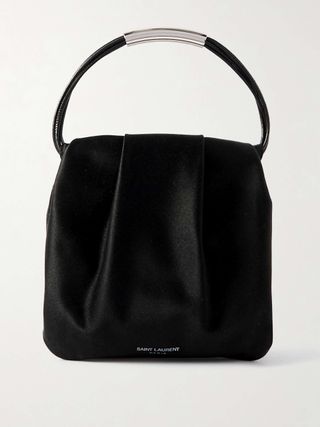 Mini Leather-Trimmed Gathered Satin Tote