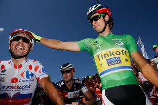 20 July 2015 102nd Tour de France Stage 16 : Bourg-de-Peage - Gap RODRIGUEZ Joaquin (ESP) Katusha SAGAN Peter (SVK) Tinkoff - Saxo, Maillot Vert Photo : Yuzuru SUNADA