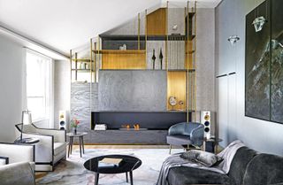 living room with grey and gold storage and a grey area rug