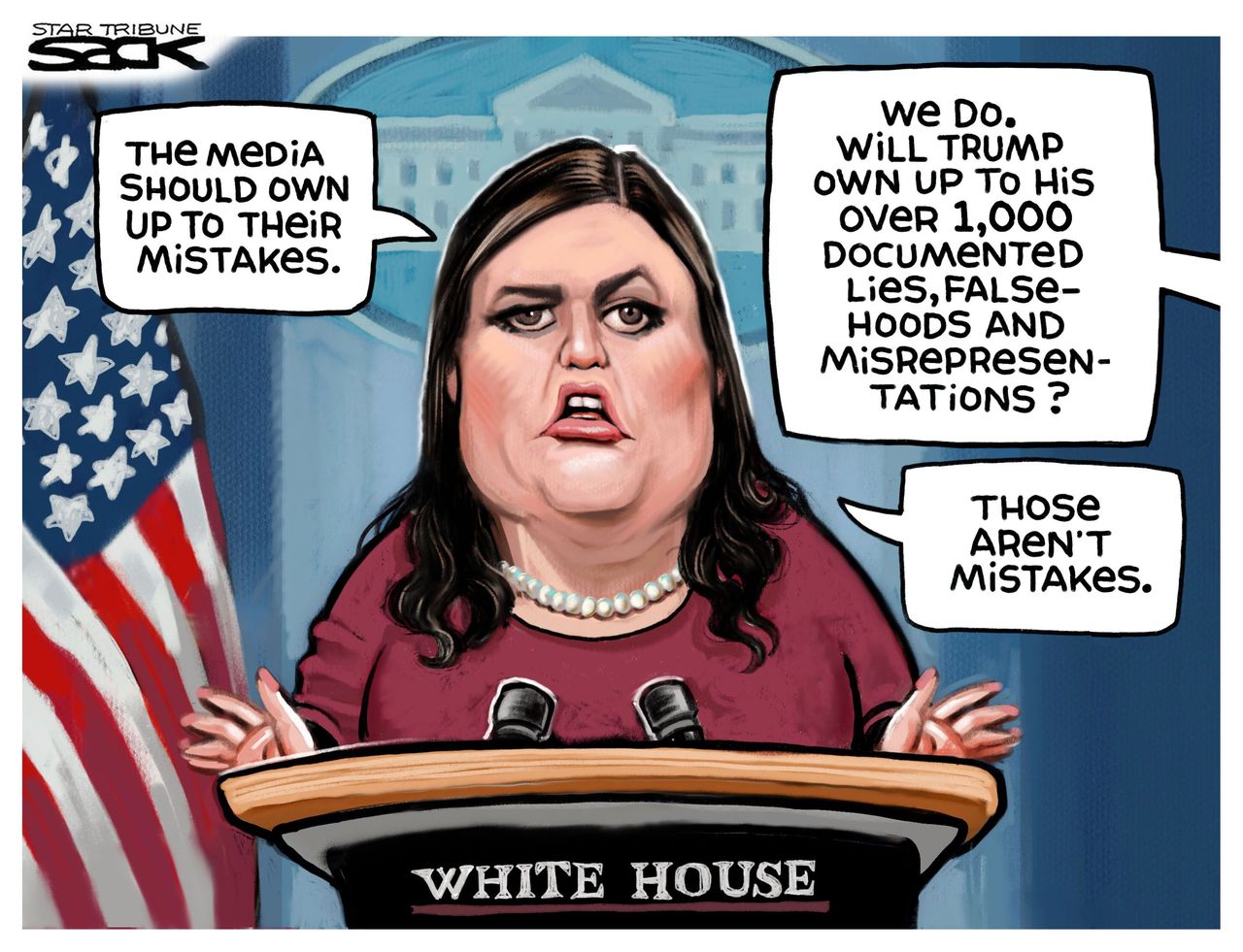 Political cartoon U.S. Sarah Huckabee Sanders fake news Trump lies