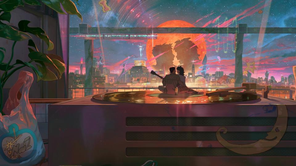 The silhouette of a couple in an apartment overlooking a futuristic cityscape