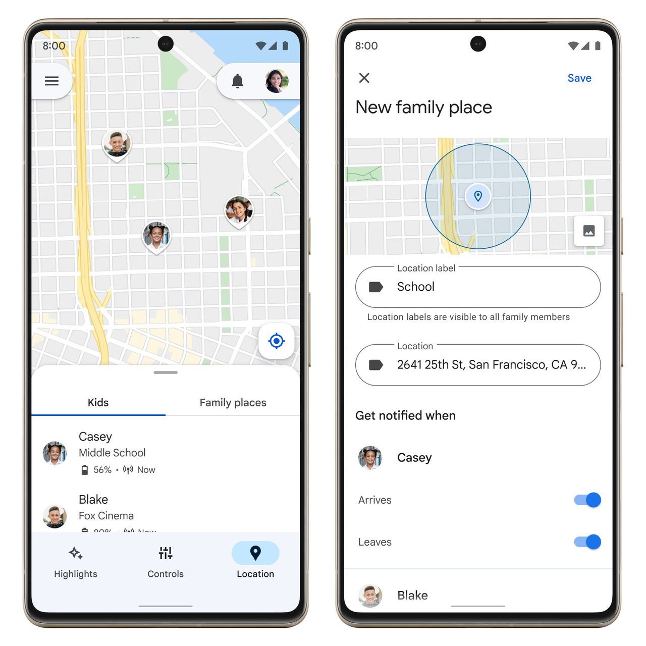 The Family Link Location Tab showing multiple children on a map