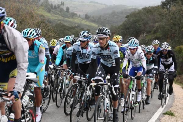 Alberto Contador in the peloton well protected by his teammates.