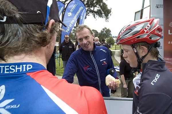 Virgin Blue/RBS Morgan team manager Patrick Jonker congratulates stage winner Scott Law, the team is the feeder group for Fly V Australia which is performing successfully on an International scale.