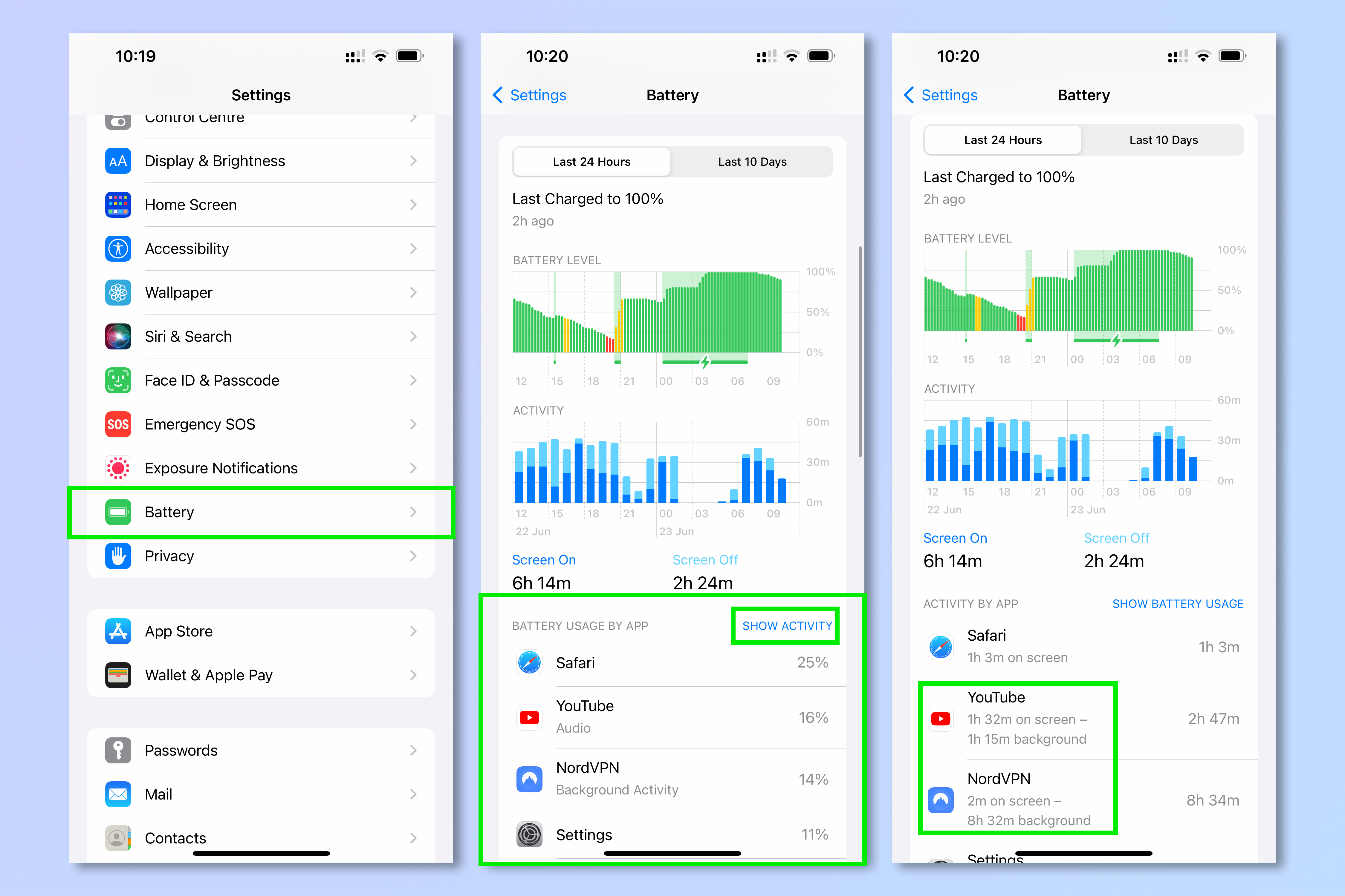 Скриншоты, показывающие, как сэкономить заряд батареи на iPhone
