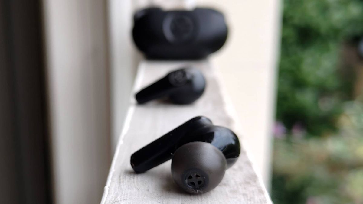 The JLab Go Pods ANC on a window sill.