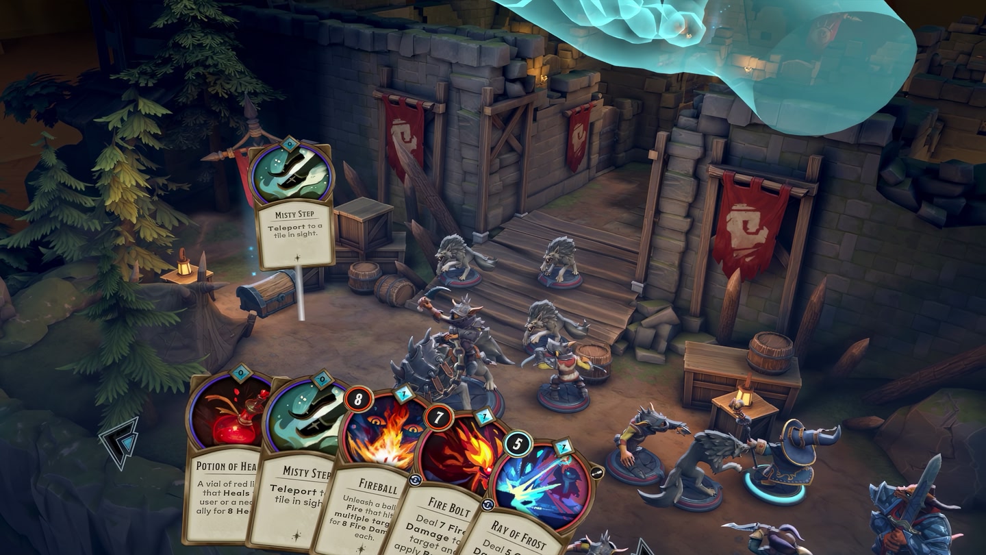 A gameplay screenshot from Demeo x Dungeons &amp;amp; Dragons Battlemarked, showing a tabletop UI with figurines and cards with attack moves.