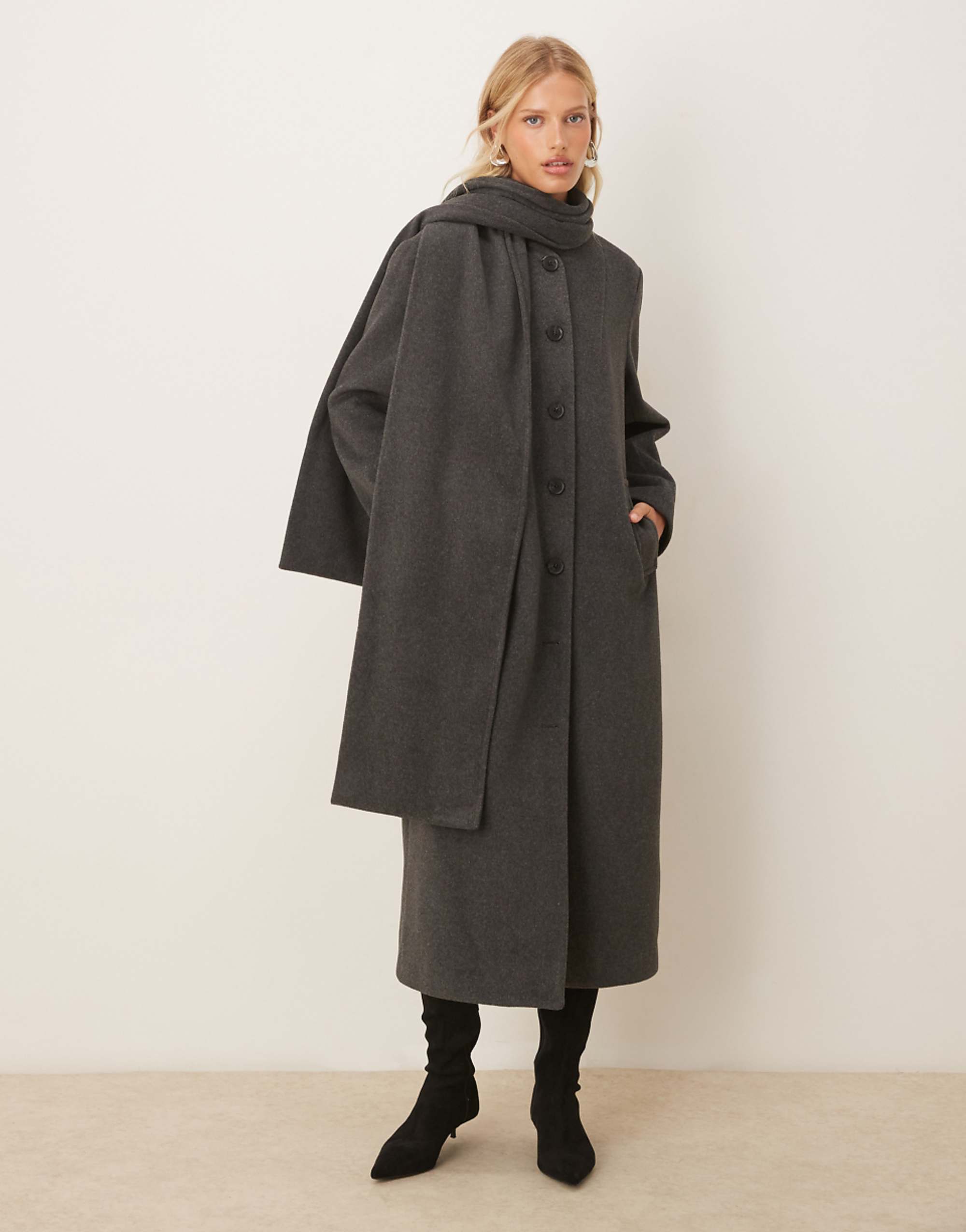 Pretty Lavish Scarf Neck Overcoat in Charcoal