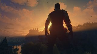 Dying Light: The Beast screenshot of Kyle Crane standing on a tower facing the setting sun