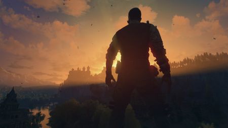 Dying Light: The Beast screenshot of Kyle Crane standing on a tower facing the setting sun