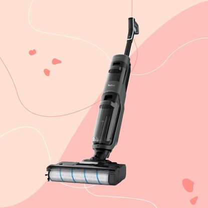 Tefal X-CLEAN 4 vacuum mop on a pink background