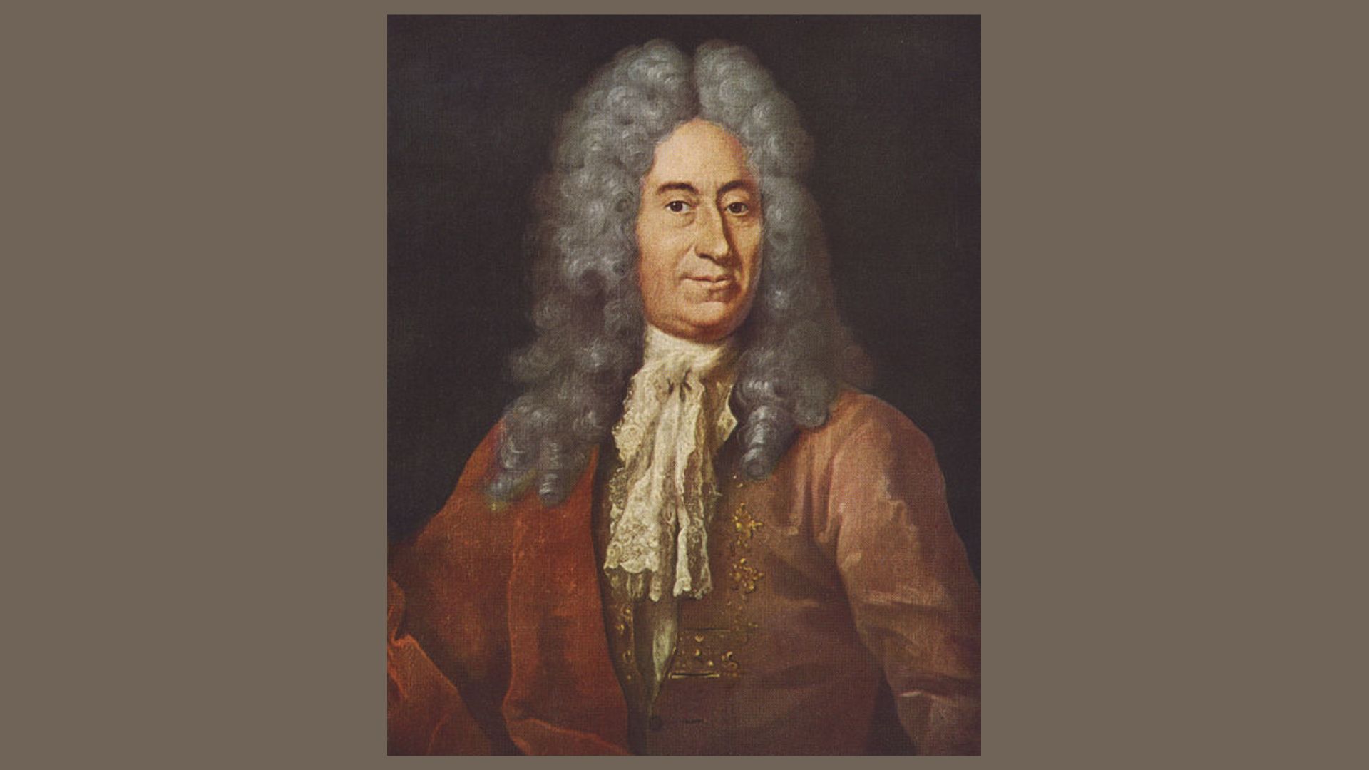 A painted portrait of a man wearing a large white curly wig and a brown jacket looks at the viewer