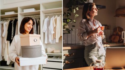 L- a woman carrying boxes at home, R- a woman enjoying a moment of calm in her kitchen