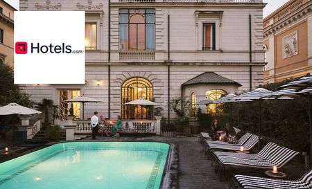 hotels.com logo top left with a picture of hotel with swimming pool