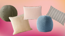 five pillows in various shapes patterns and colors