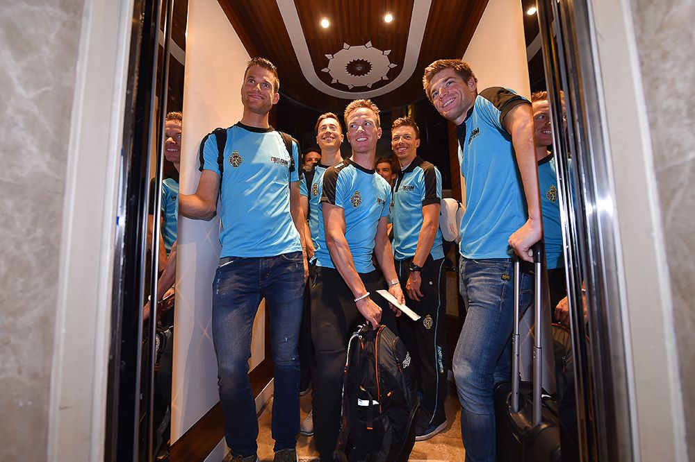 Jasper Stuyven, Nikolas Maes, Jens Debusschere, Iljo Keisse, Jens Keukeleire and Olivier Naessen crowd into a lift in Belgium's hotel in Doha.