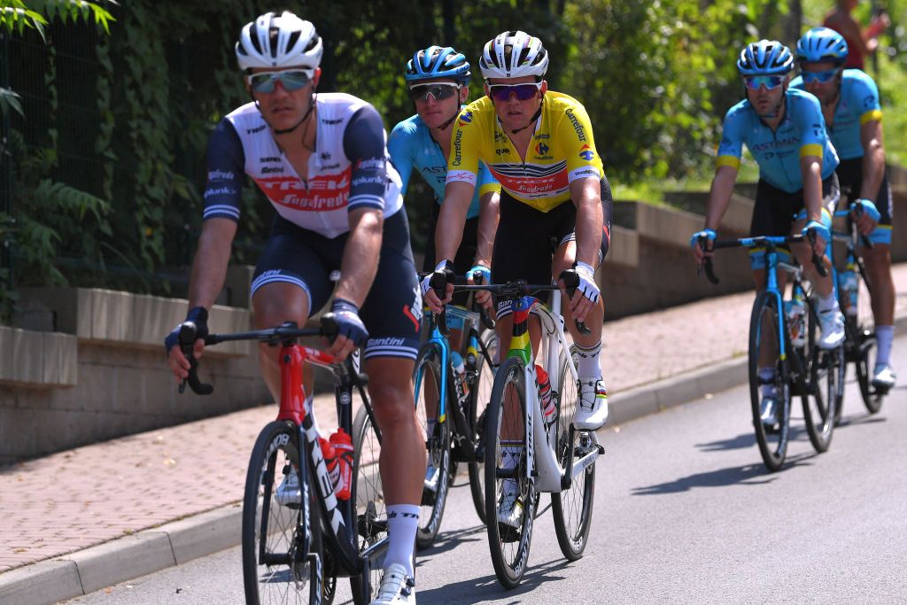 BIELSKOBIALA POLAND AUGUST 07 Jasper Stuyven of Belgium and Team Trek Segafredo Mads Pedersen of Denmark and Team Trek Segafredo World Champion Jersey and Yellow Leader Jersey Peloton during the 77th Tour of Poland 2020 Stage 3 a 2031km stage from Wadowice to BielskoBiaa 433m TourdePologne tdp20 on August 07 2020 in BielskoBiala Poland Photo by Luc ClaessenGetty Images