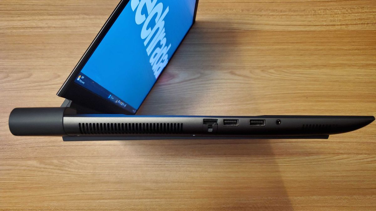 black gaming laptop on side