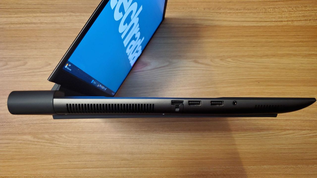 black gaming laptop on side