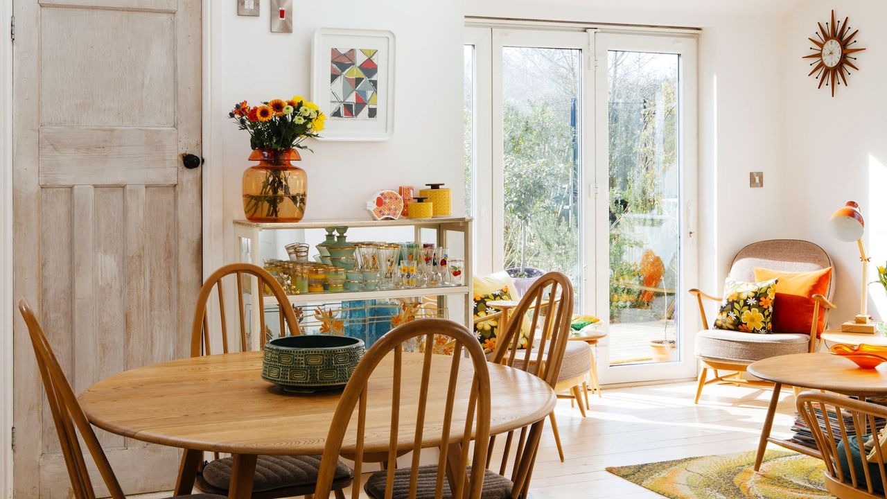 open plan living dining room with wooden chair