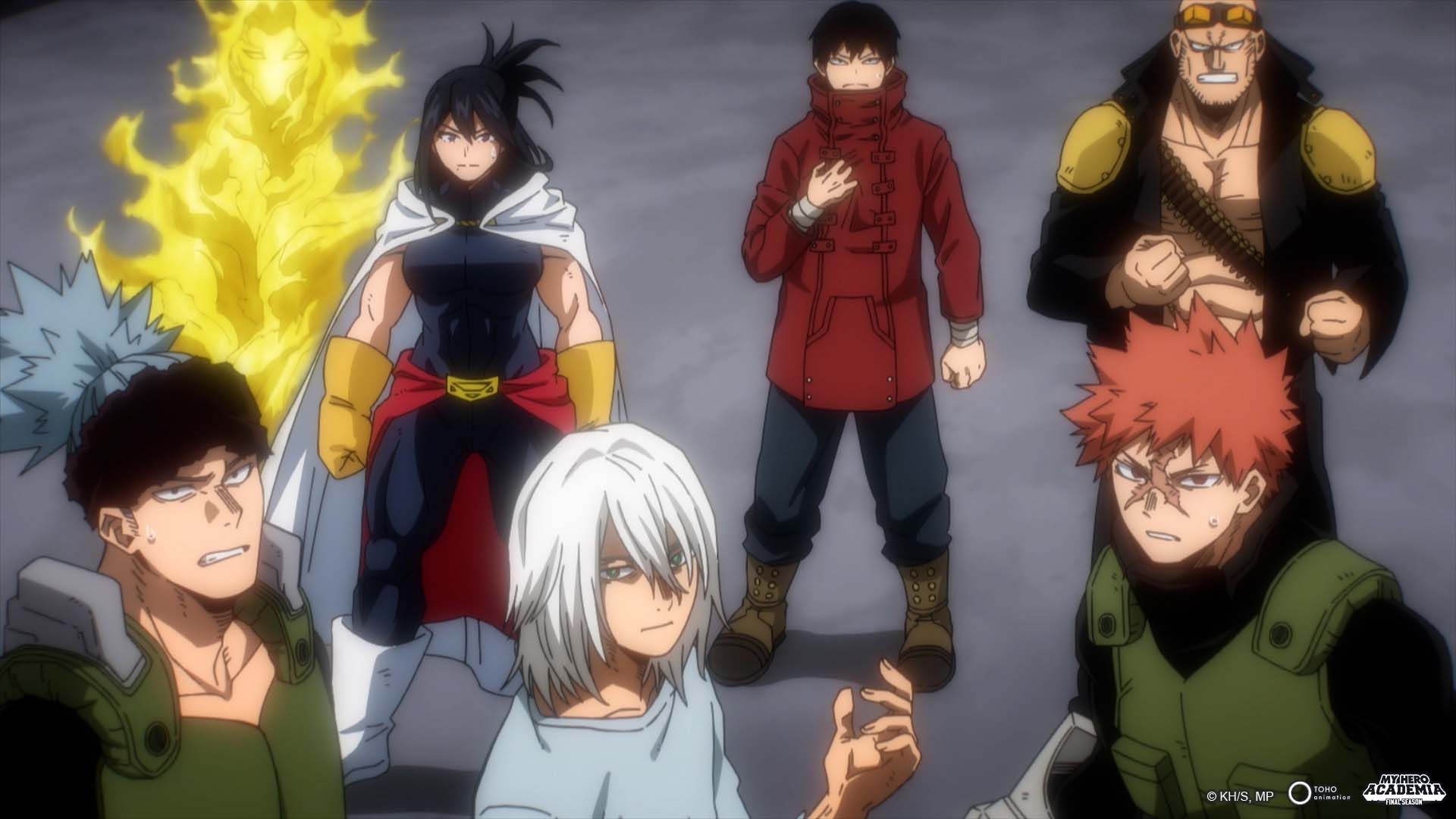 An assembled group of heroes in My Hero Academia season 8