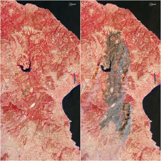 A side by side image showing before and after the wildfires burned through Athens.