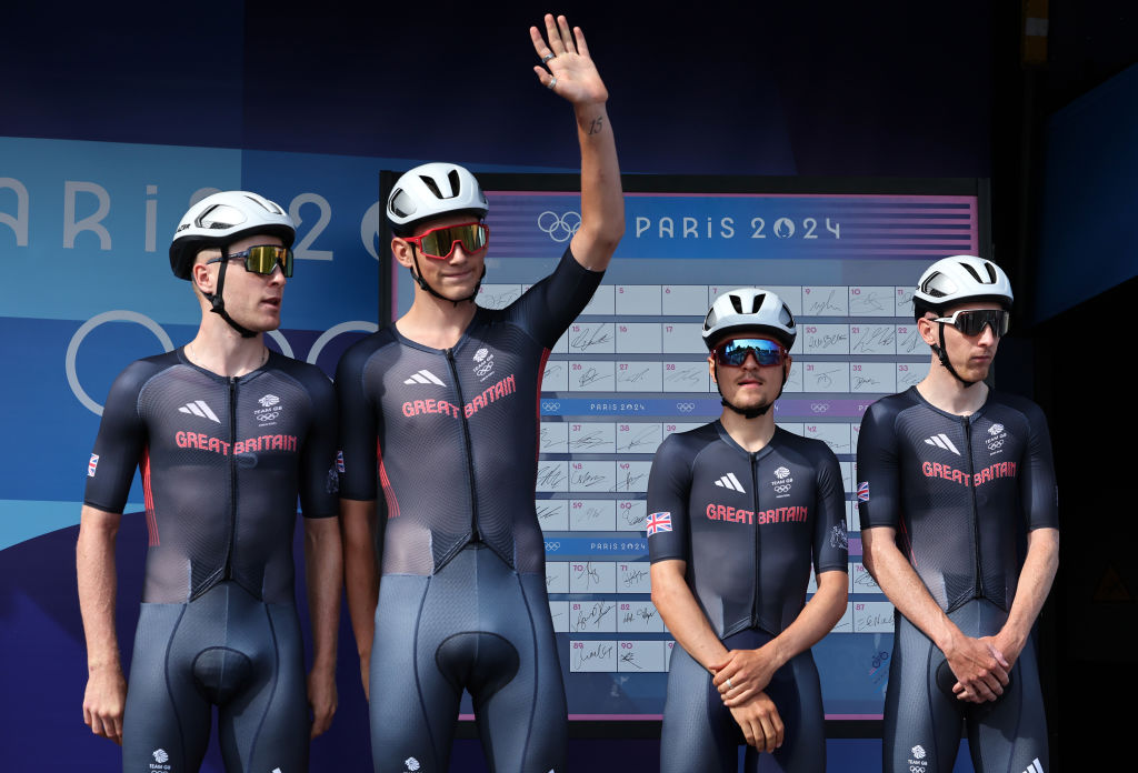 PARIS FRANCE AUGUST 03 Thomas Pidcock Joshua Tarling Stephen Williams and Fred Wright of Team Great Britain prior to the Mens Road Race on day eight of the Olympic Games Paris 2024 at trocadero on August 03 2024 in Paris France Photo by Tim de WaeleGetty Images