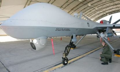 The U.S. Air Force's first "hunter-killer" unmanned aerial vehicle, the MQ-9 Reaper is inspected in 2007.