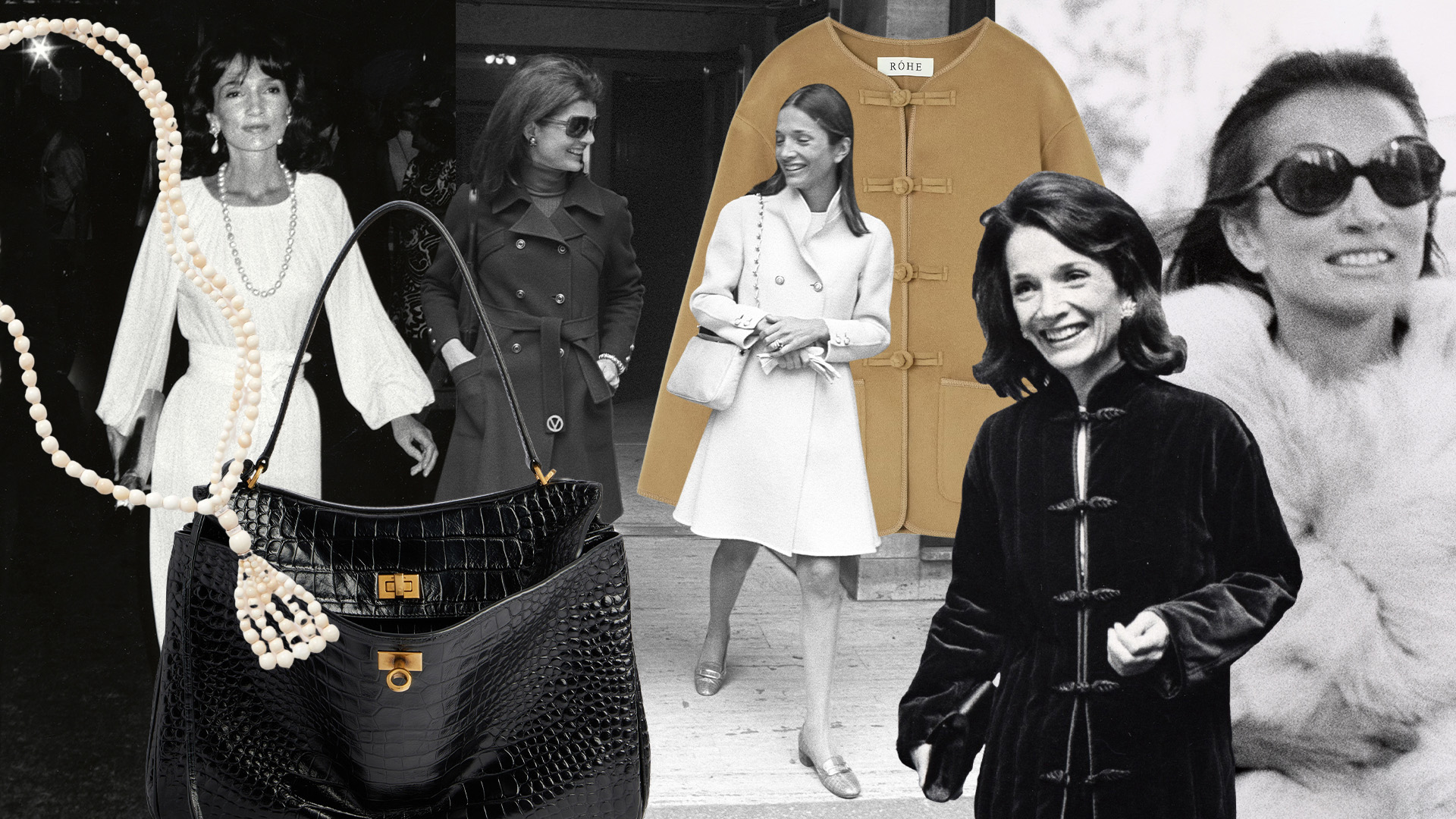 a collage of images of socialite Lee Radziwill's style in the 1960s and the 2026 fashion buys inspired by it