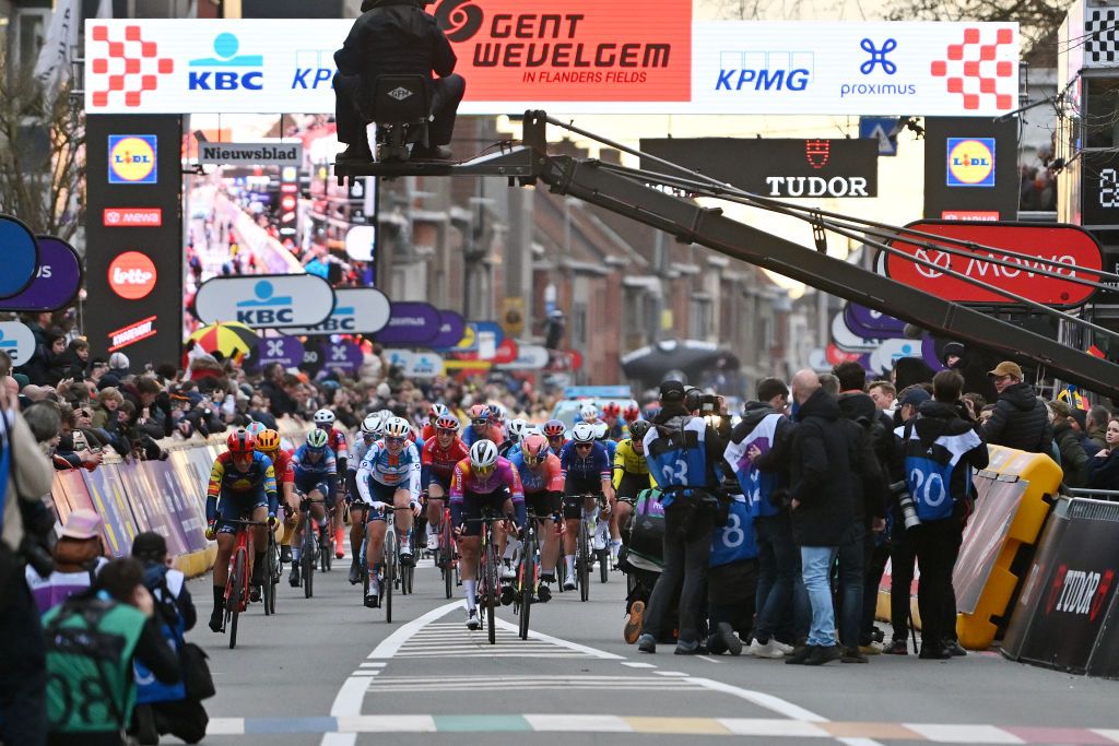 WEVELGEM BELGIUM MARCH 24 LR Elisa Balsamo of Italy and Team LidlTrek Lorena Wiebes of The Netherlands and Team SD WorxProtime and Chiara Consonni of Italy and UAE Team Adq sprint at finish line to win the race during the 13rd GentWevelgem in Flanders Fields 2024 Womens Elite a 1712km one day race from Ieper to Wevelgem UCIWWT on March 24 2024 in Wevelgem Belgium Photo by Luc ClaessenGetty Images