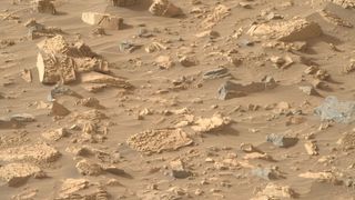 The surface of an area of Mars called Bright Angel. Its light colored rock formations look like popcorn