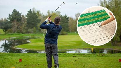 What Is The Average Golf Handicap? Golfer hitting a tee shot with an inset image of a scorecard and pencil