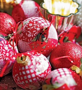 Decoupage fabric baubles in red and white