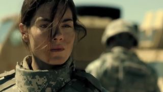 Close up of Michelle Monaghan in Fort Bliss, wearing an army uniform