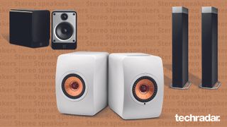the best stereo speakers of 2022: three of the top speaker systems pictured on an orange background