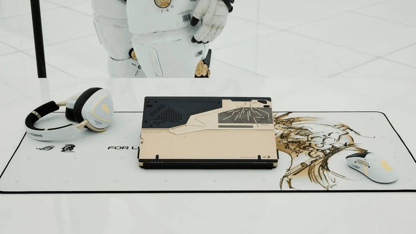 Image of the ROG x Kojima Productions products sitting on a white desk.