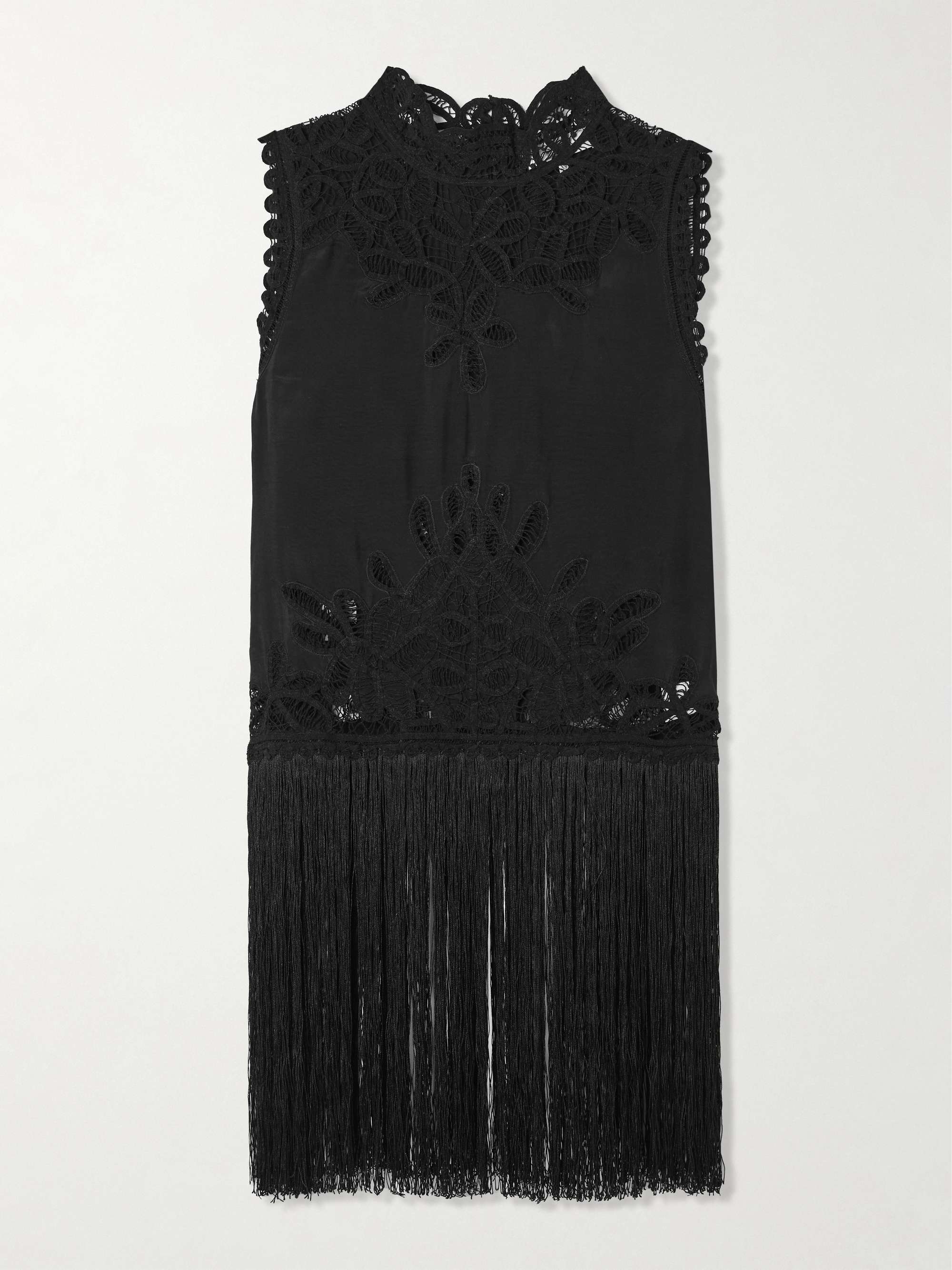 Adelina Tie-Side Fringed Lace-Paneled Woven Top