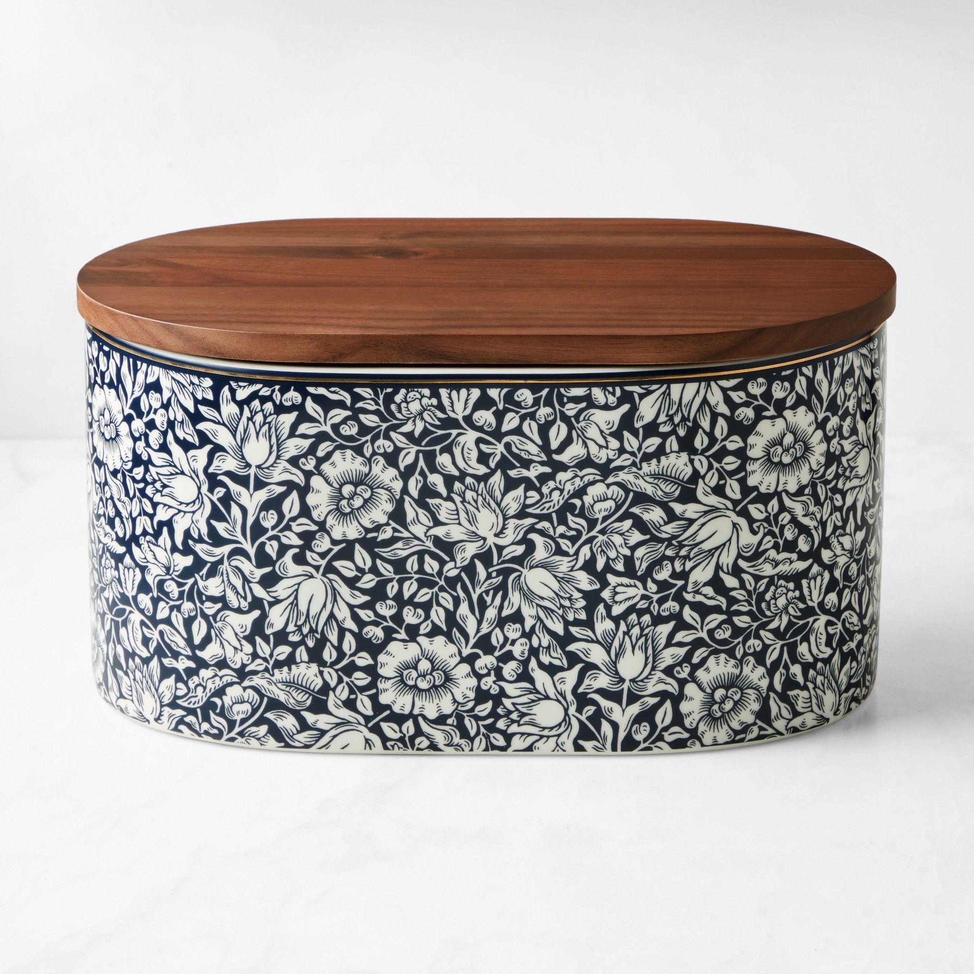 Bread box with blue and white William Morris pattern and dark wood lid